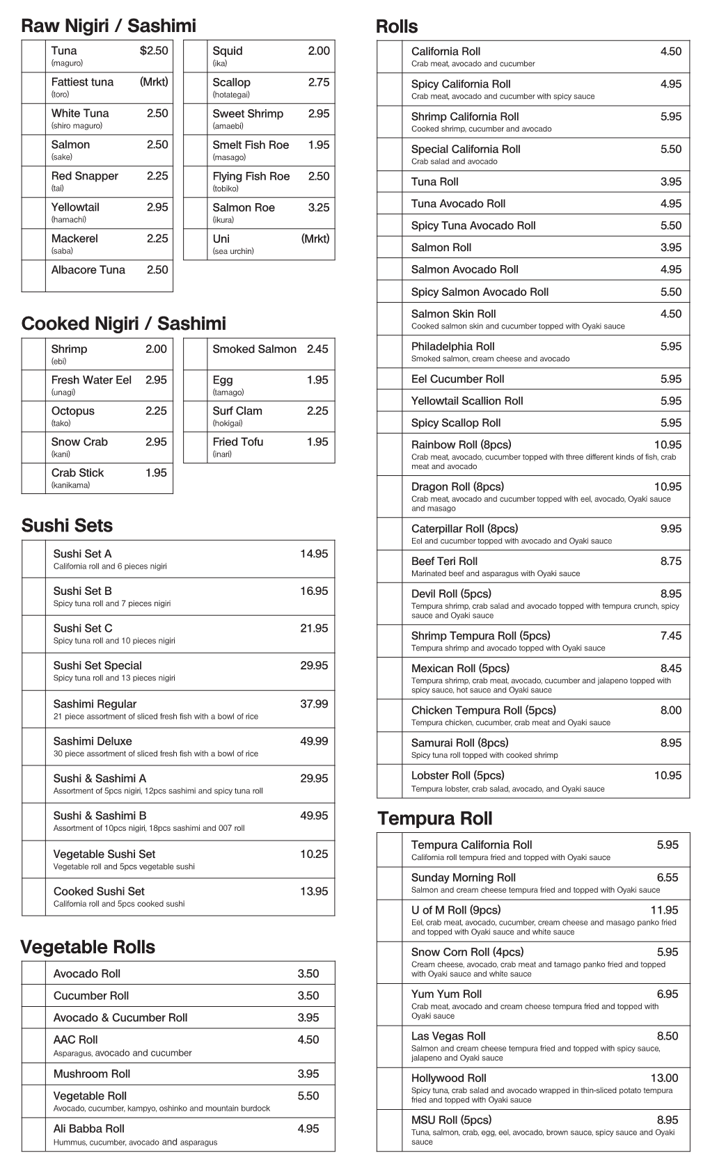 Oyaki Sushi Menu