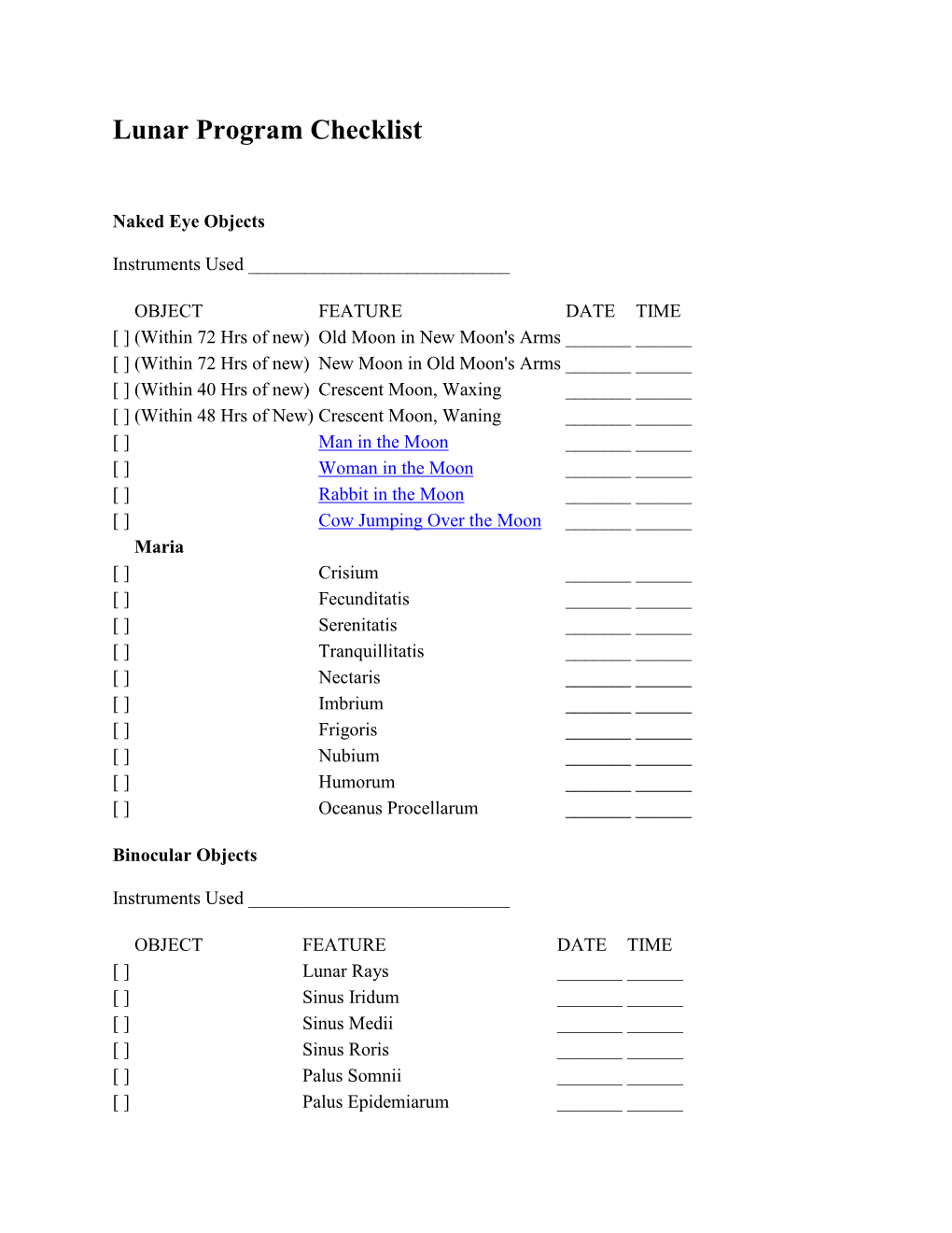 Lunar Program Checklist