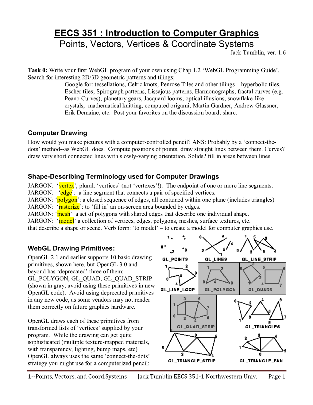 EECS 351 : Introduction to Computer Graphics Points, Vectors, Vertices & Coordinate Systems Jack Tumblin, Ver
