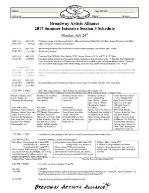 Broadway Artists Alliance 2017 Summer Intensive Session 3 Schedule