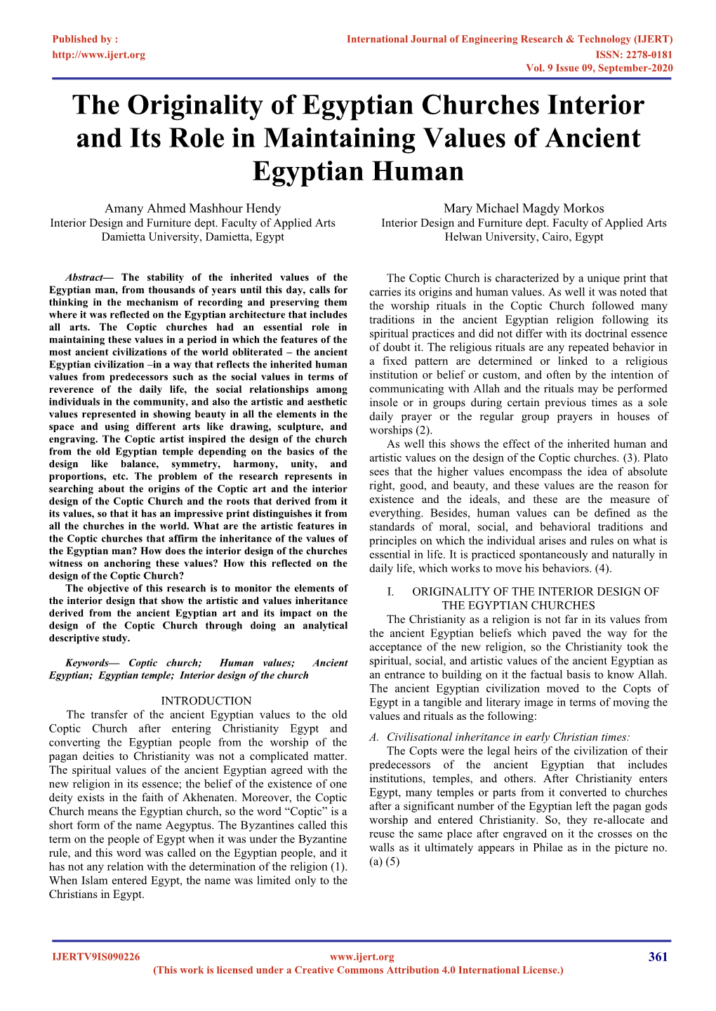 The Originality of Egyptian Churches Interior and Its Role in Maintaining Values of Ancient Egyptian Human