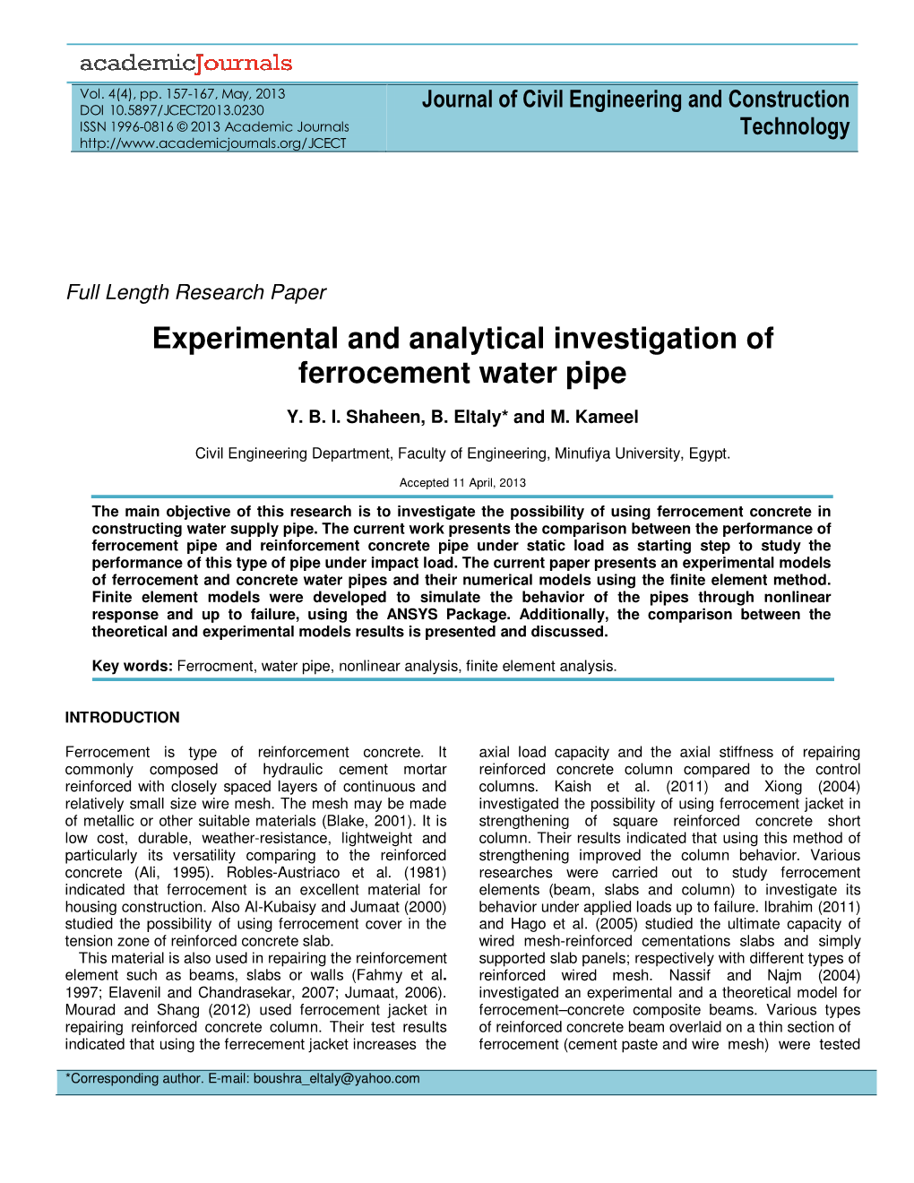 Experimental and Analytical Investigation of Ferrocement Water Pipe