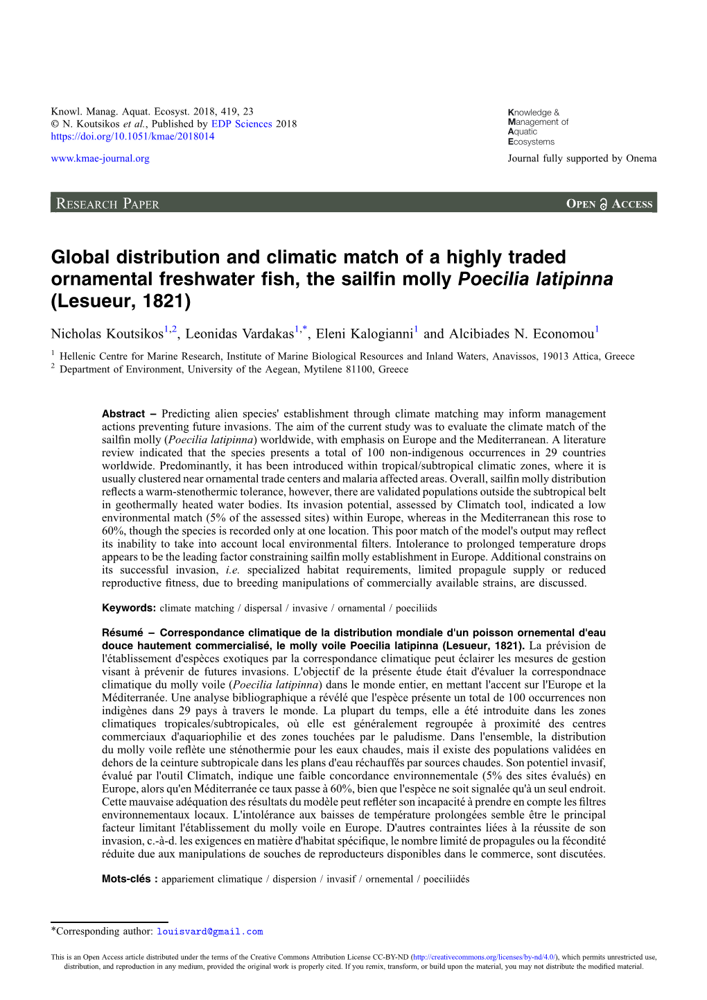 Global Distribution and Climatic Match of a Highly Traded Ornamental Freshwater ﬁsh, the Sailﬁn Molly Poecilia Latipinna (Lesueur, 1821)