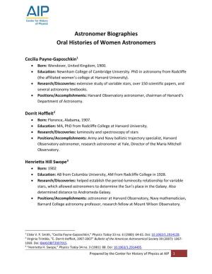 Astronomer Biographies Oral Histories of Women Astronomers