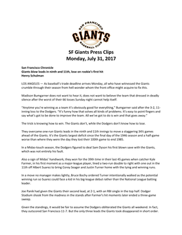 SF Giants Press Clips Monday, July 31, 2017