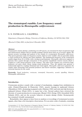 The Stomatopod Rumble: Low Frequency Sound Production in Hemisquilla Californiensis