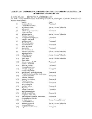 Section .0300 - Endangered Plant Species List: Threatened Plant Species List: List of Species of Special Concern