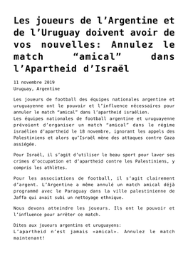 Annulez Le Match “Amical” Dans L’Apartheid D’Israël