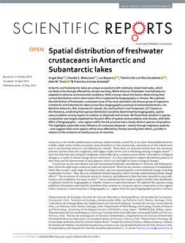 Spatial Distribution of Freshwater Crustaceans in Antarctic and Subantarctic Lakes Received: 11 October 2018 Angie Díaz1,2, Claudia S