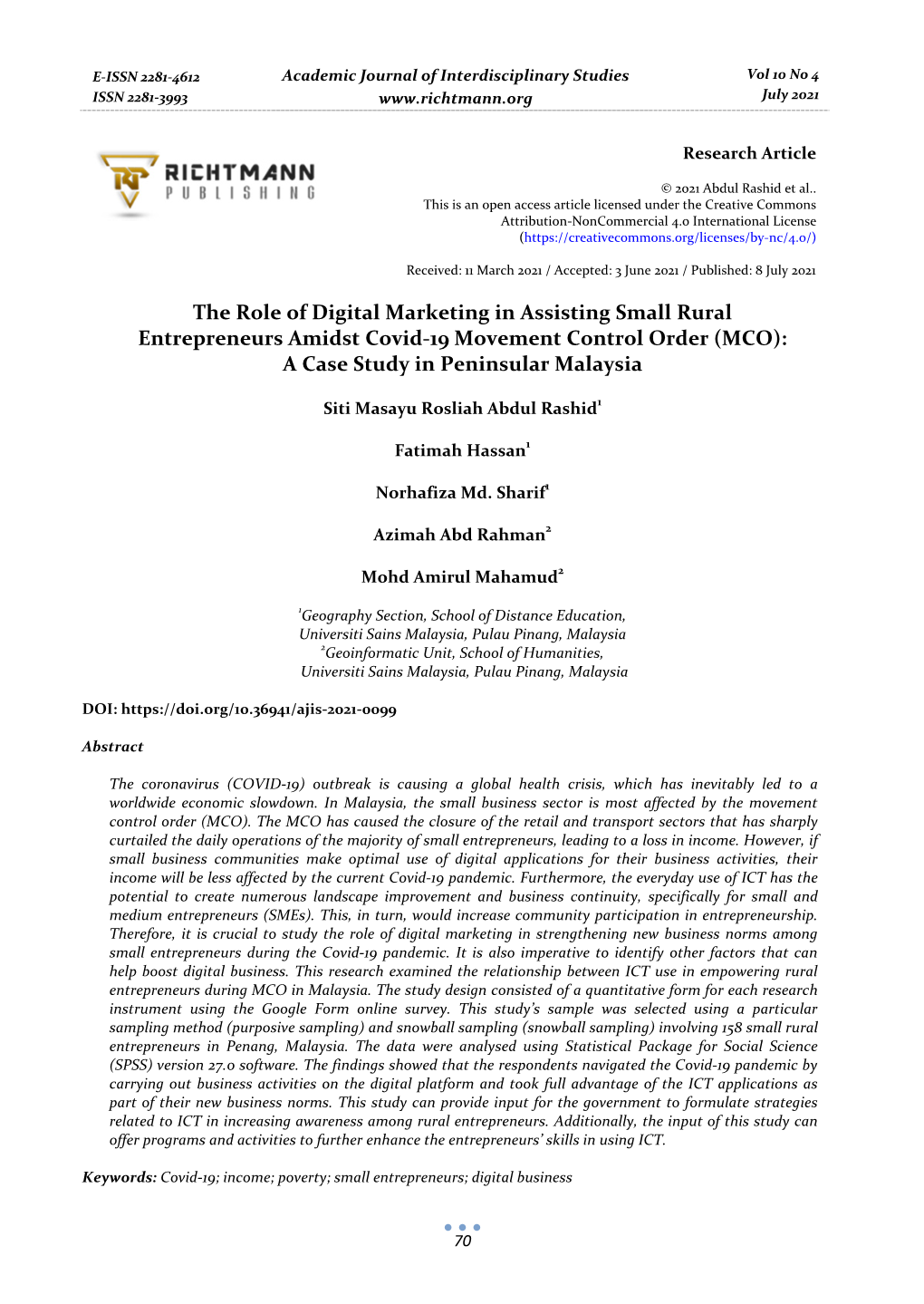 The Role of Digital Marketing in Assisting Small Rural Entrepreneurs Amidst Covid-19 Movement Control Order (MCO): a Case Study in Peninsular Malaysia