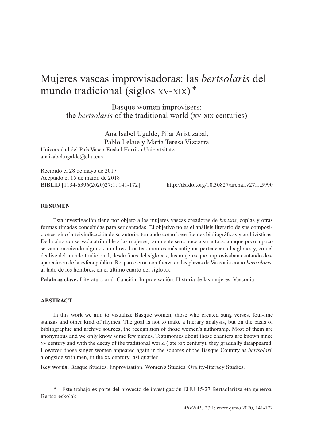 Mujeres Vascas Improvisadoras: Las Bertsolaris Del Mundo Tradicional (Siglos Xv-Xix) *