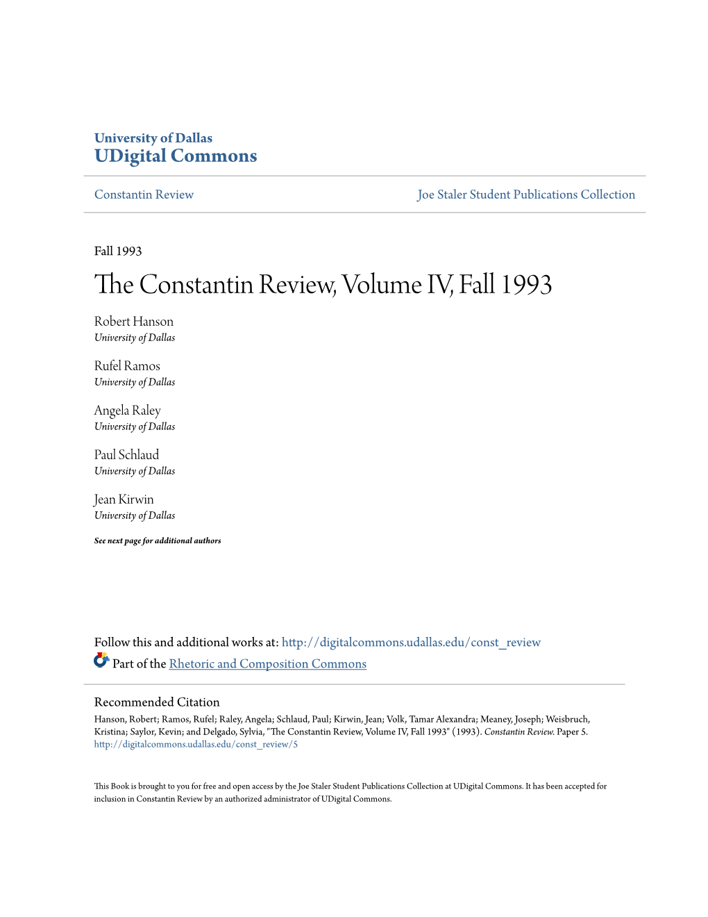 The Constantin Review, Volume IV, Fall 1993