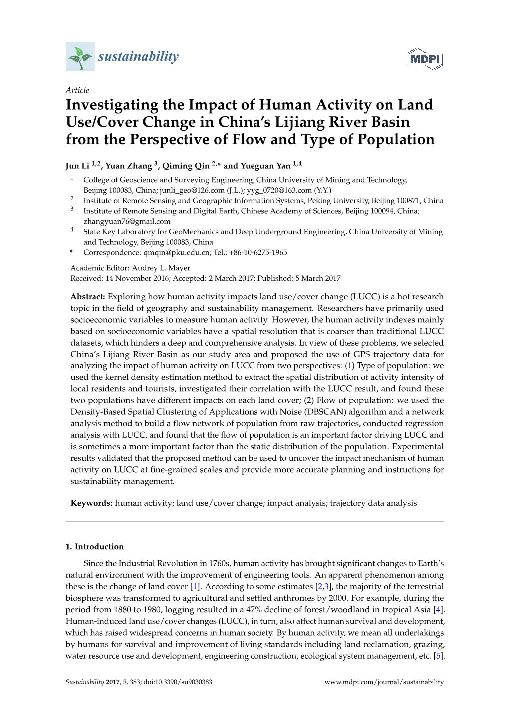 Investigating the Impact of Human Activity on Land Use/Cover Change in China’S Lijiang River Basin from the Perspective of Flow and Type of Population