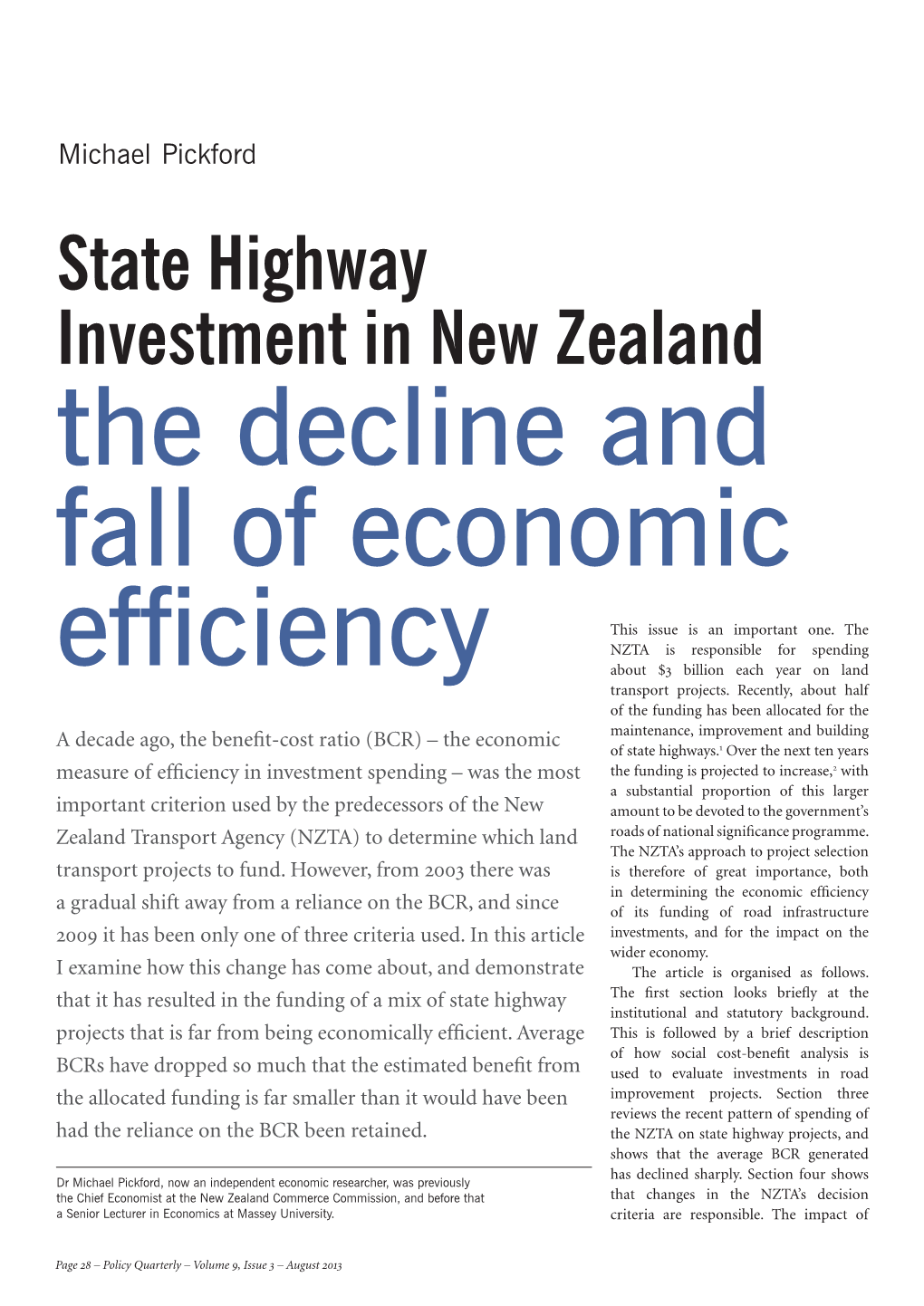 State Highway Investment in New Zealand the Decline and Fall of Economic