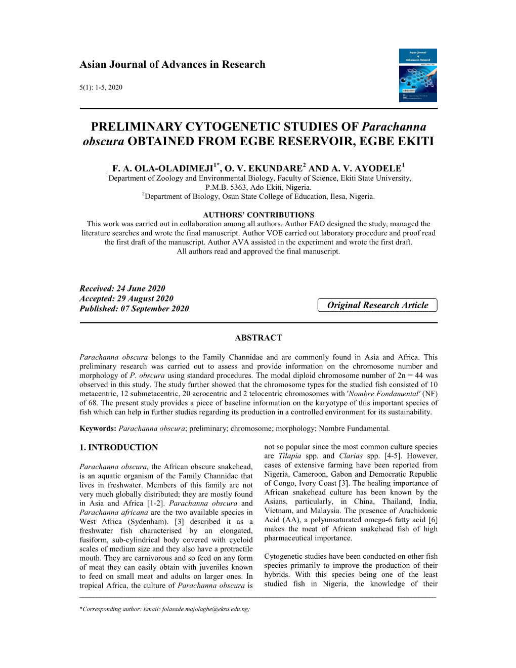 PRELIMINARY CYTOGENETIC STUDIES of Parachanna Obscura OBTAINED from EGBE RESERVOIR, EGBE EKITI