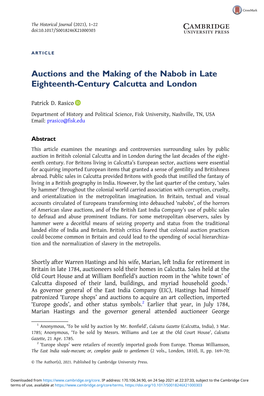 Auctions and the Making of the Nabob in Late Eighteenth-Century Calcutta and London