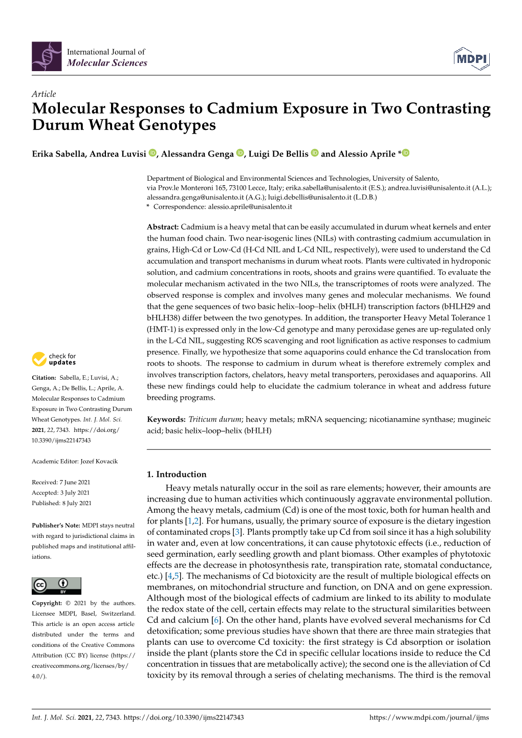 Molecular Responses to Cadmium Exposure in Two Contrasting Durum Wheat Genotypes