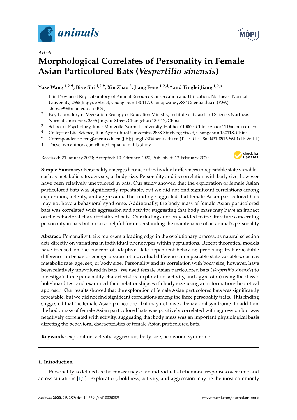 Morphological Correlates of Personality in Female Asian Particolored Bats (Vespertilio Sinensis)