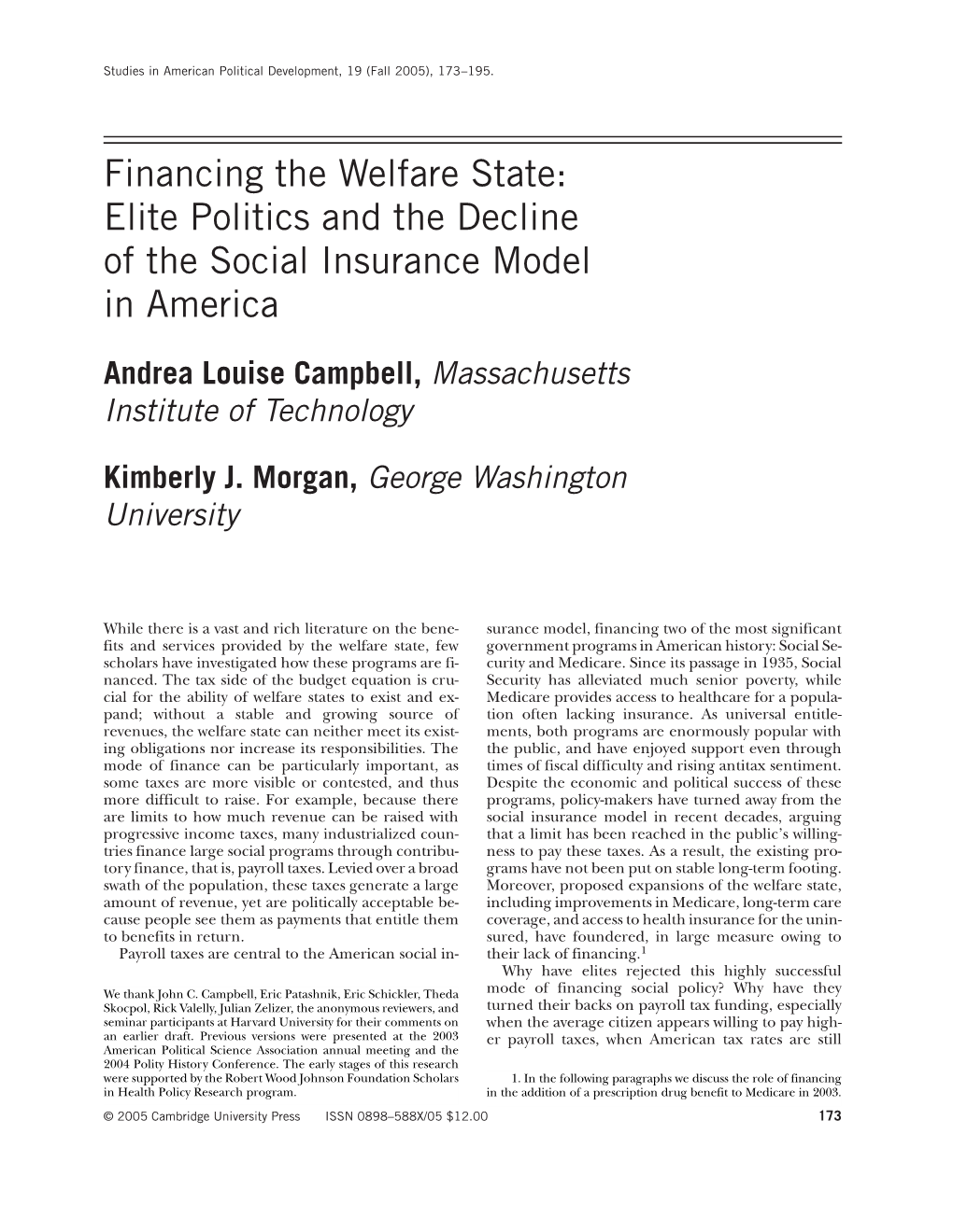 Financing the Welfare State: Elite Politics and the Decline of the Social Insurance Model in America