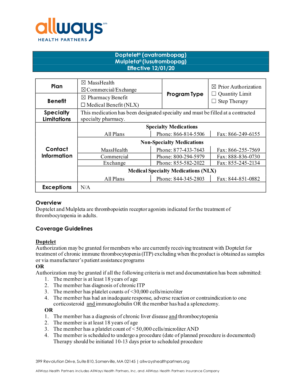 Mulpleta® (Lusutrombopag) Effective 12/01/20