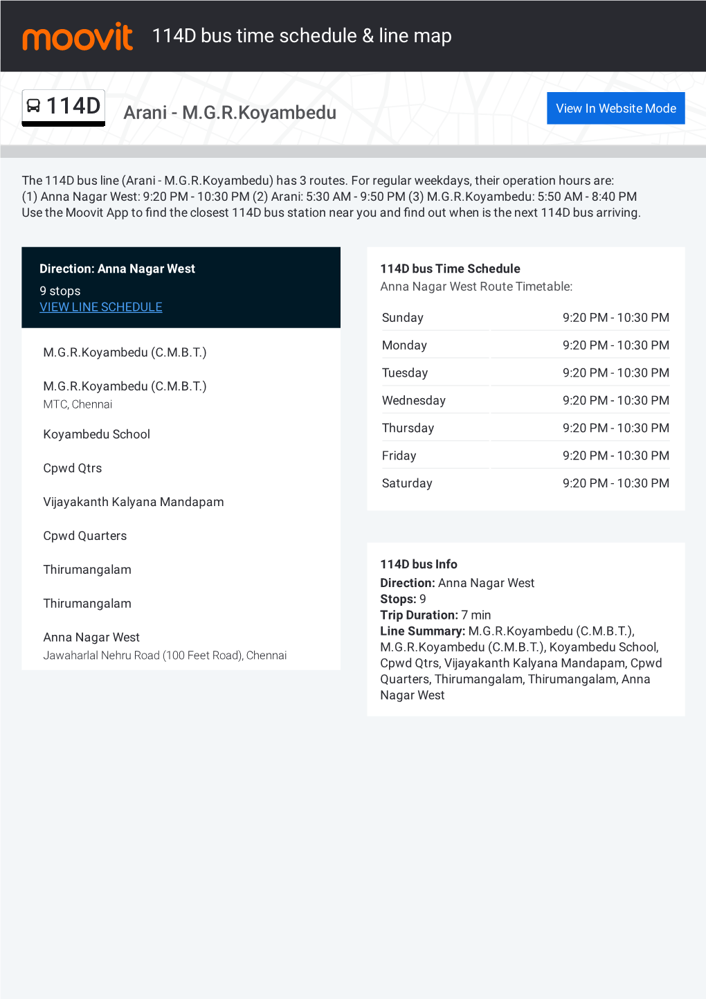 114D Bus Time Schedule & Line Route