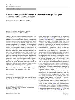 Conservation Genetic Inferences in the Carnivorous Pitcher Plant Sarracenia Alata (Sarraceniaceae)