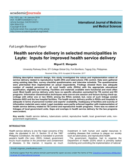 Health Service Delivery in Selected Municipalities in Leyte: Inputs for Improved Health Service Delivery