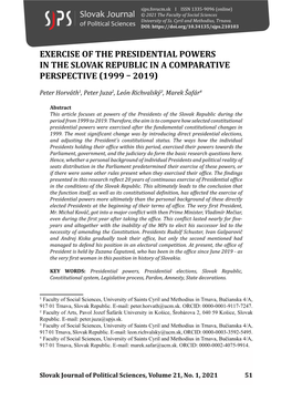 Exercise of the Presidential Powers in the Slovak Republic in a Comparative Perspective (1999 – 2019)