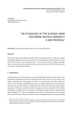 The Etymology of the Slavonic Name for Ermine (Mustela Erminea) Ii: a New Proposal1