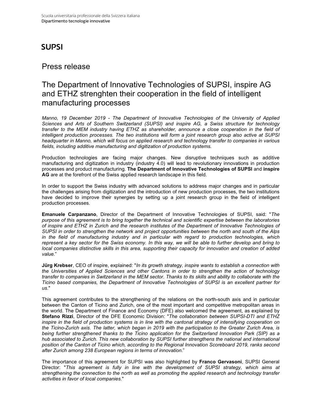 Press Release the Department of Innovative Technologies of SUPSI