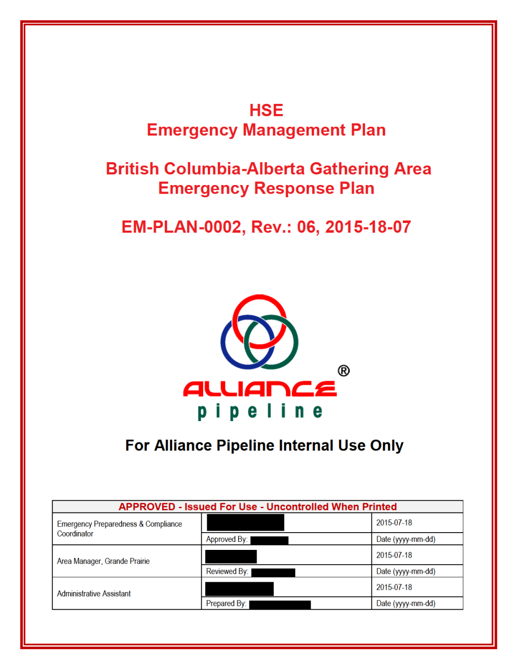 British Columbia-Alberta Gathering Area Emergency Response Plan