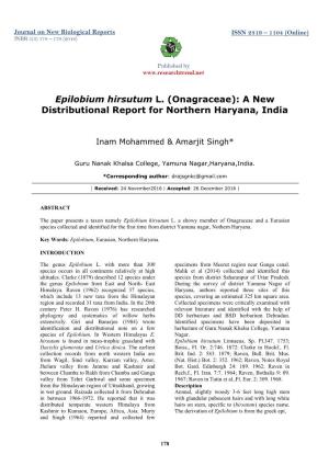 Epilobium Hirsutum L. (Onagraceae): a New Distributional Report for Northern Haryana, India