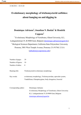 Evolutionary Morphology of Trichomycterid Catfishes: About Hanging on and Digging In