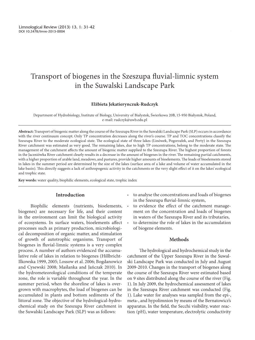 Transport of Biogenes in the Szeszupa Fluvial-Limnic System in the Suwalski Landscape Park