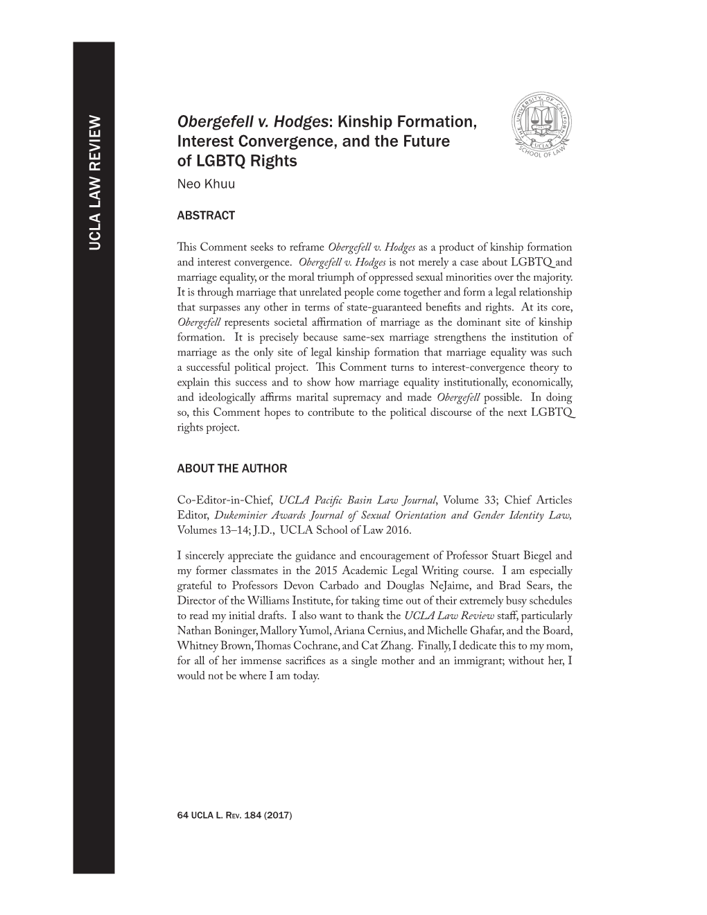 Obergefell V. Hodges: Kinship Formation, Interest Convergence, and the Future of LGBTQ Rights Neo Khuu