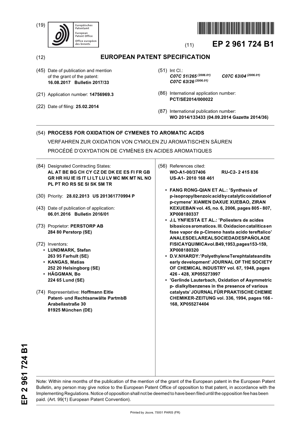 Process for Oxidation of Cymenes to Aromatic Acids Verfahren Zur Oxidation Von Cymolen Zu Aromatischen Säuren Procédé D’Oxydation De Cymènes En Acides Aromatiques