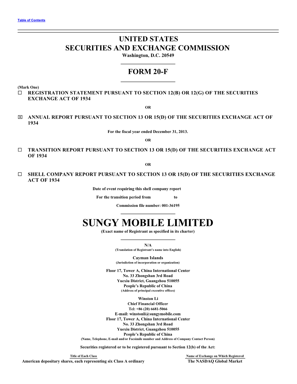 SUNGY MOBILE LIMITED (Exact Name of Registrant As Specified in Its Charter)