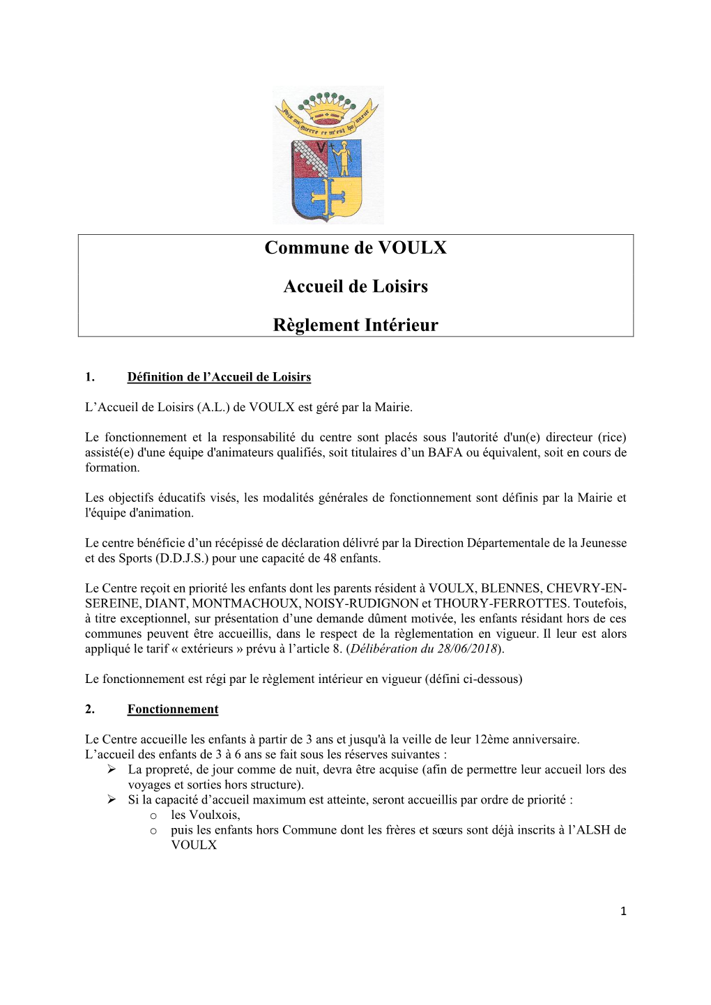 Commune De VOULX Accueil De Loisirs Règlement Intérieur