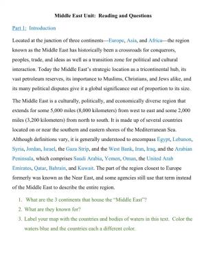 Middle East Unit: Reading and Questions Part 1:​ Introduction Located at the Junction of Three Continents—​Europe​,​
