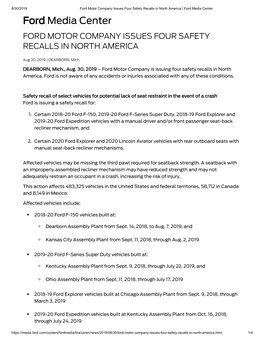 Ford Media Center Ford Media Center FORD MOTOR COMPANY ISSUES FOUR SAFETY RECALLS in NORTH AMERICA