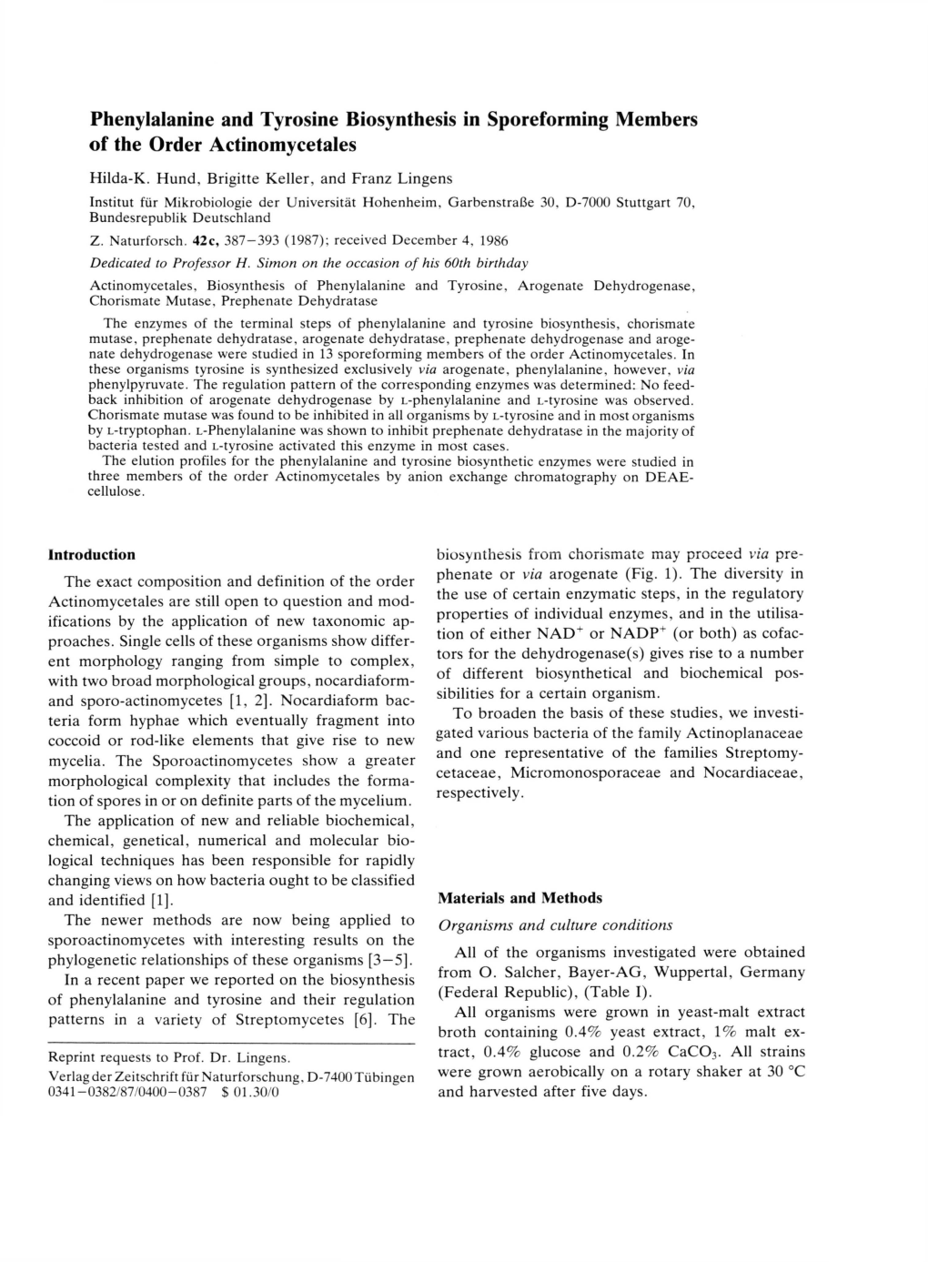 Phenylalanine and Tyrosine Biosynthesis in Sporeforming Members of the Order Actinomycetales