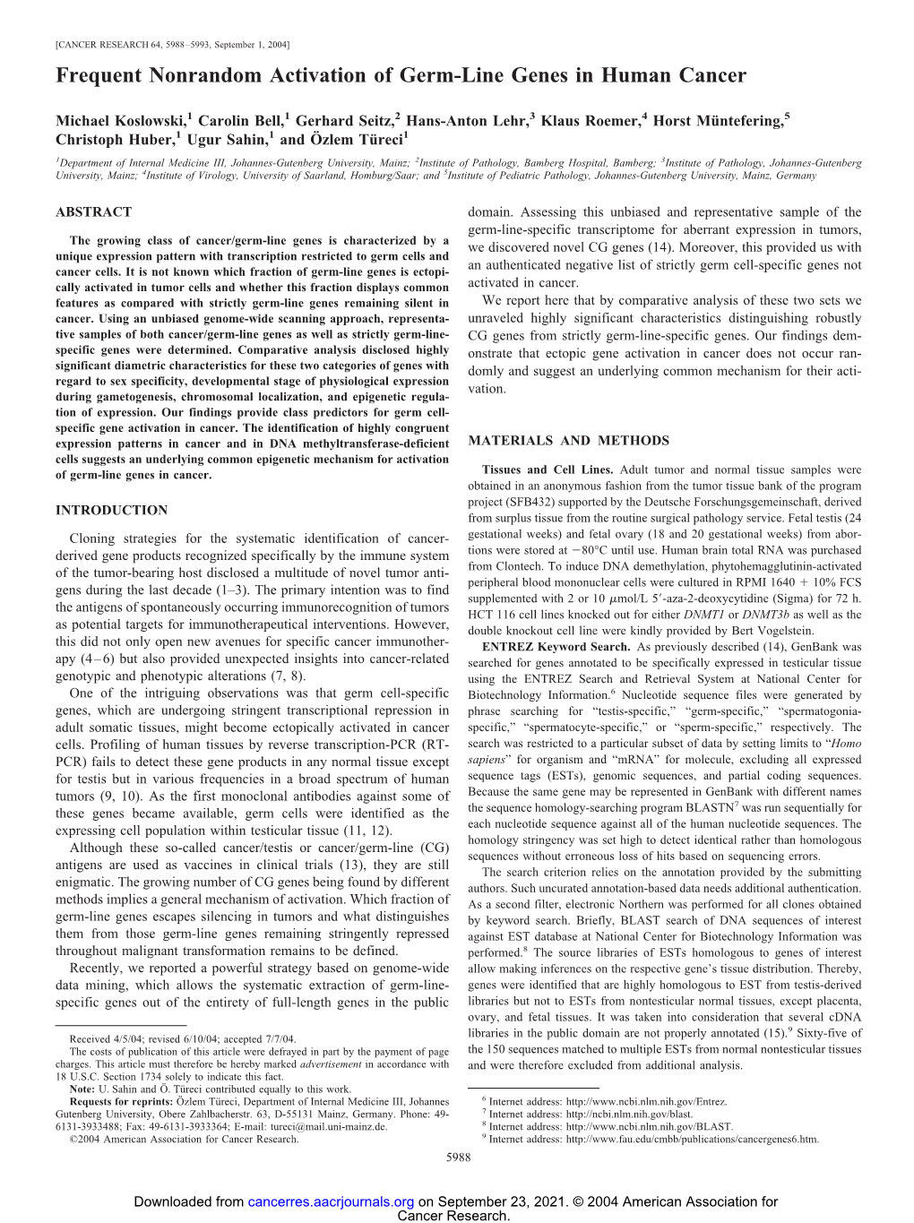 Frequent Nonrandom Activation of Germ-Line Genes in Human Cancer