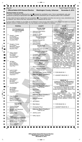 2016 General Election Washington County, Arkansas November 8, 2016 INSTRUCTIONS to VOTER: 1