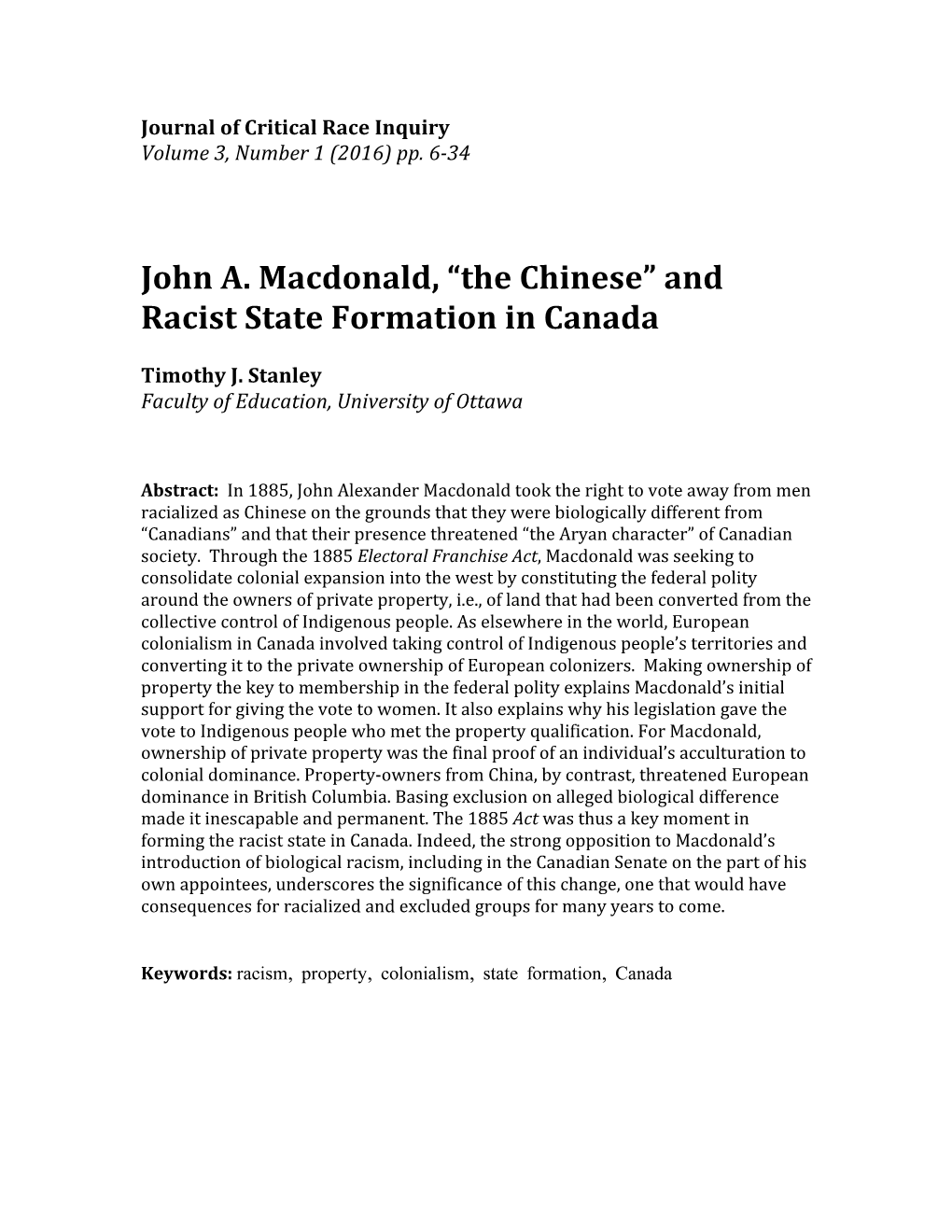 And Racist State Formation in Canada
