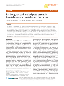 Fat Body, Fat Pad and Adipose Tissues in Invertebrates and Vertebrates: the Nexus Odunayo Ibraheem Azeez1,2*, Roy Meintjes1 and Joseph Panashe Chamunorwa1