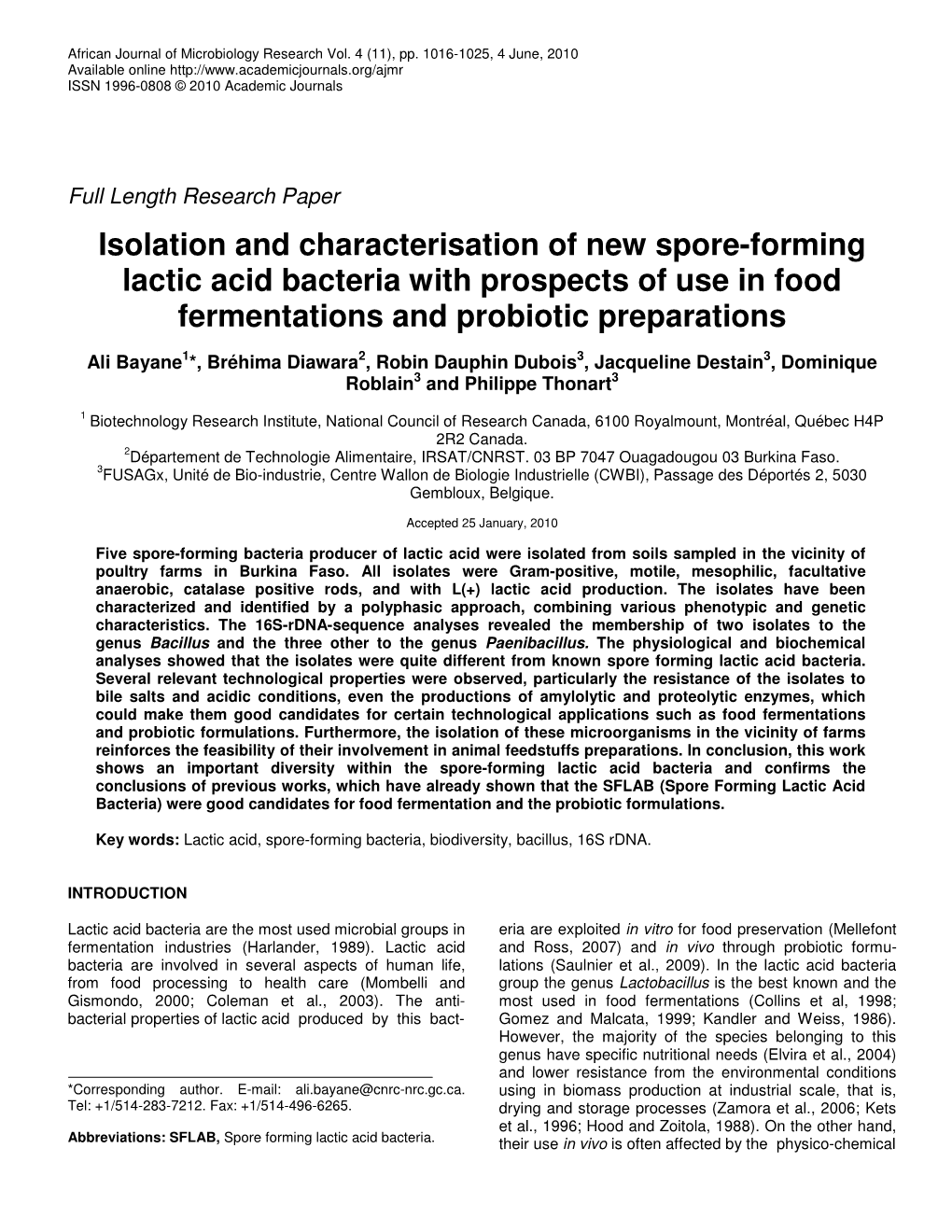 Isolation and Characterisation of New Spore-Forming Lactic Acid Bacteria with Prospects of Use in Food Fermentations and Probiotic Preparations