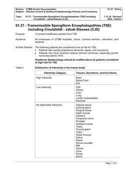 Transmissible Spongiform Encephalopathies (TSE) Including 7.12.18 - Revised Creutzfeldt - Jakob Disease (CJD) 2002 - Author