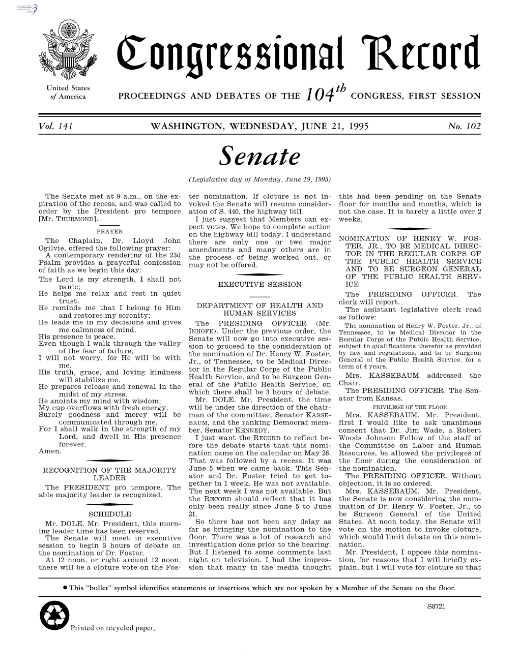 Congressional Record United States Th of America PROCEEDINGS and DEBATES of the 104 CONGRESS, FIRST SESSION