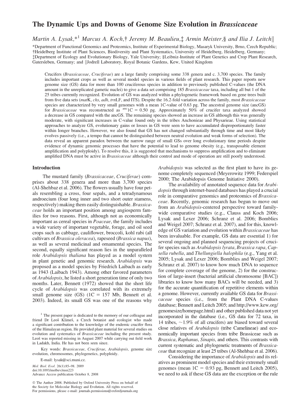 The Dynamic Ups and Downs of Genome Size Evolution in Brassicaceae