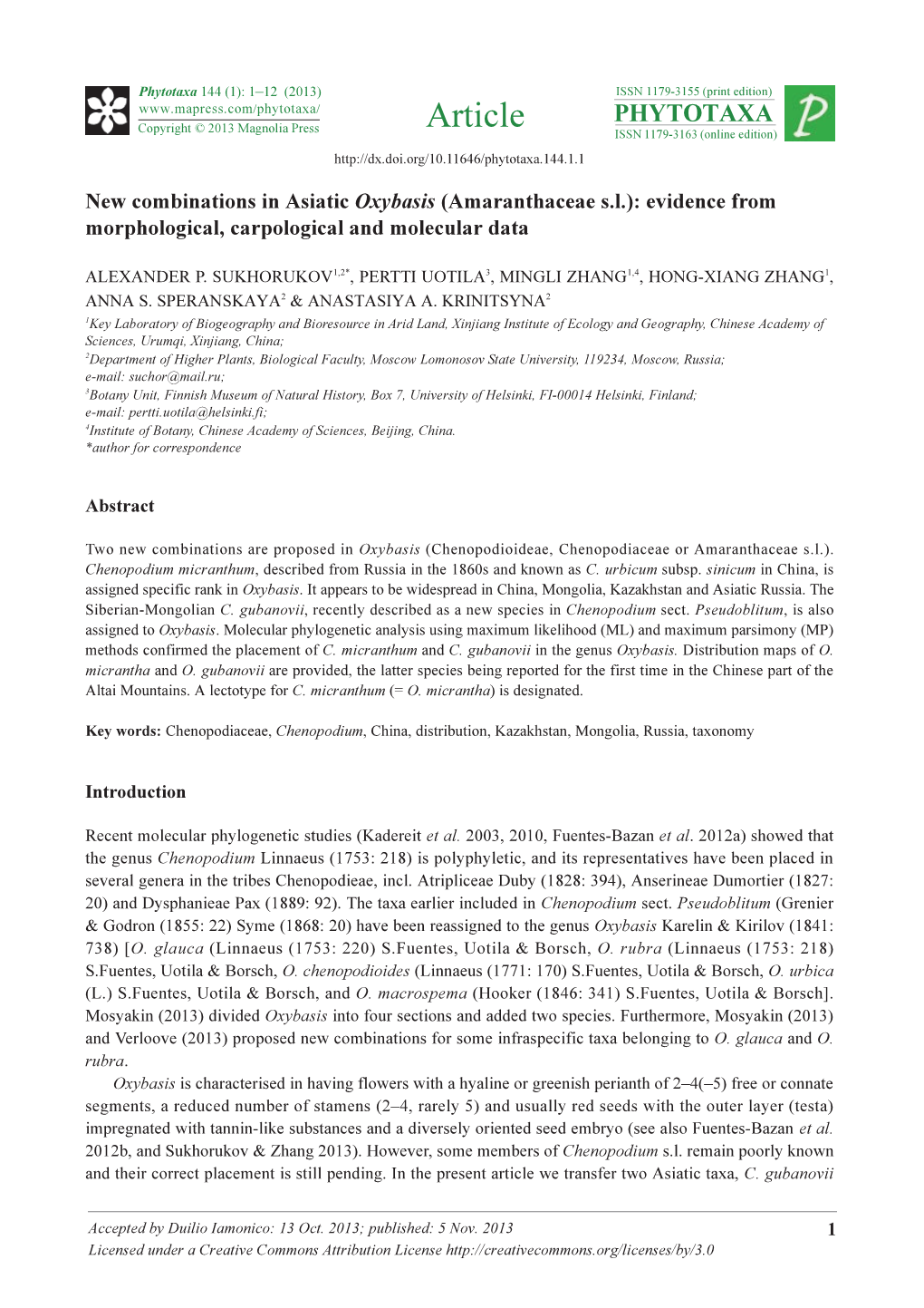 New Combinations in Asiatic Oxybasis (Amaranthaceae S.L.): Evidence from Morphological, Carpological and Molecular Data